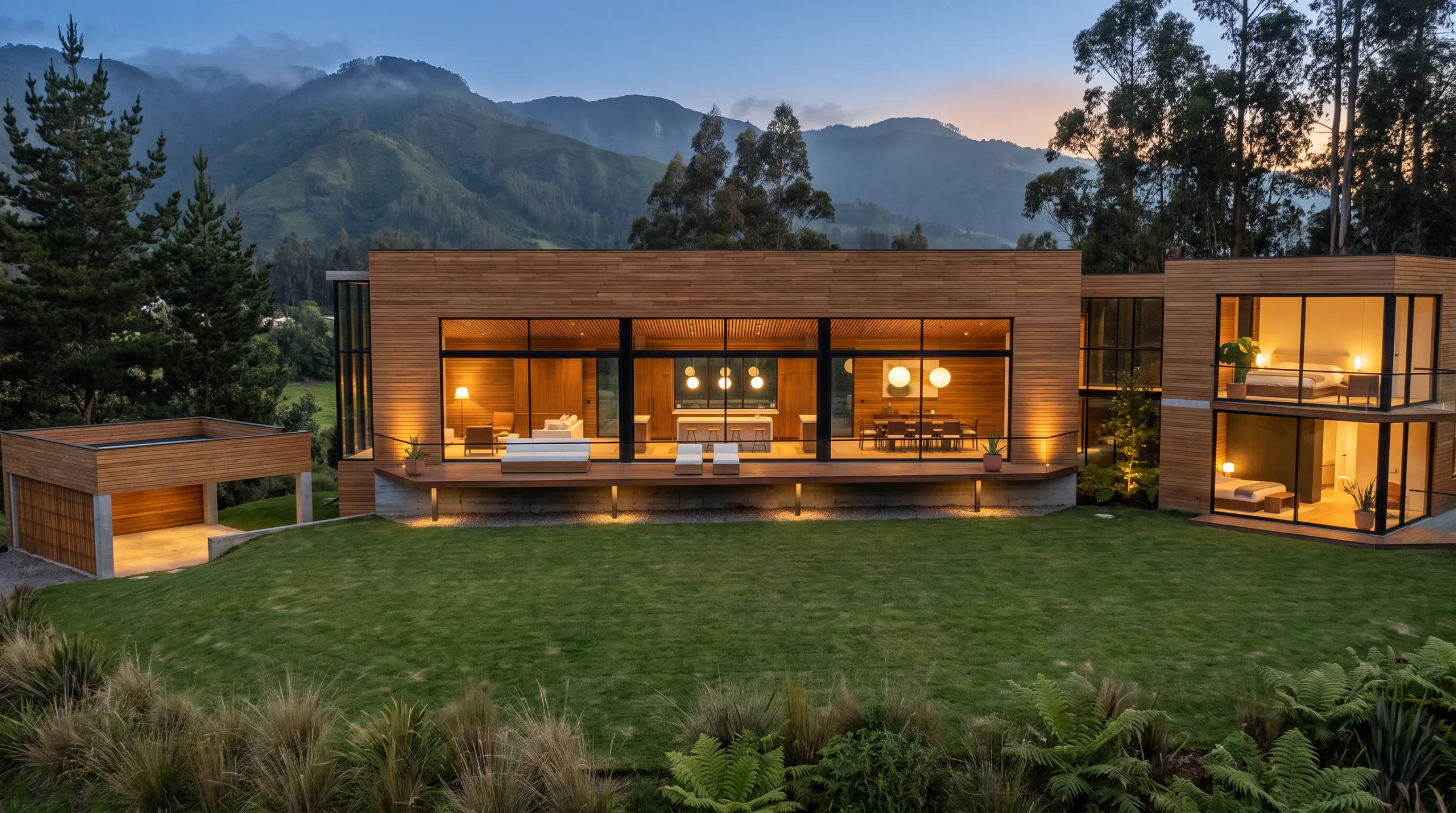 La casa iluminada en la hora azul, con el garaje, la zona social, el hall y la torre, y las montañas al fondo