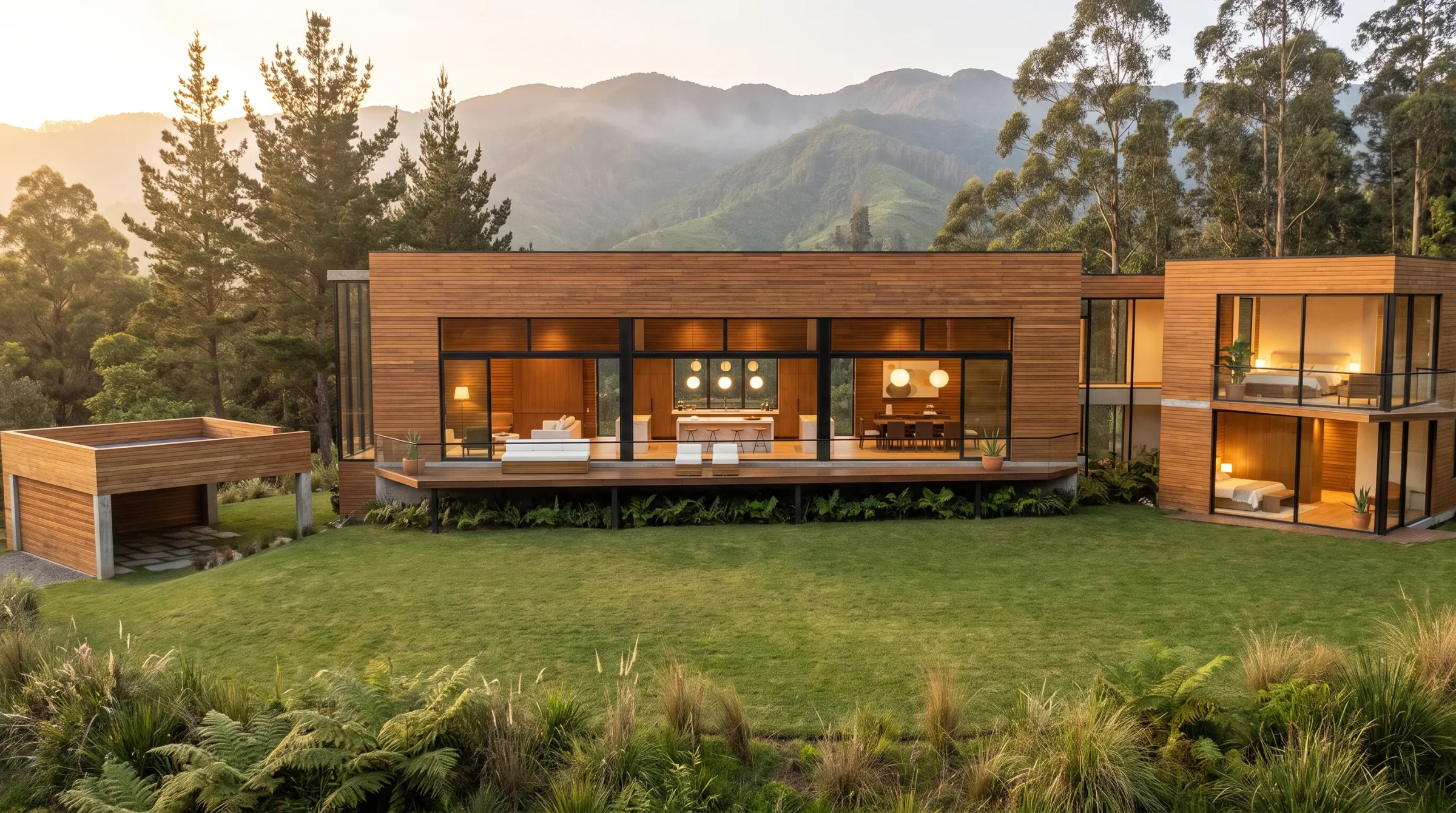 Render de la casa del Lote 5 de Monteverde al atardecer: garaje con terraza, zona social en madera con fachada de vidrio y deck, hall de escaleras y torre de alcobas