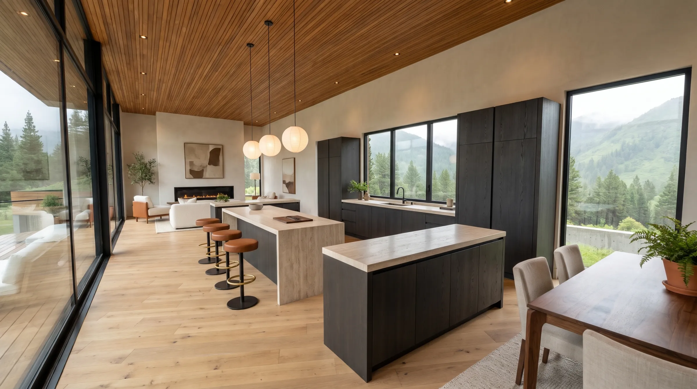 Cocina en roble carbón con mesones de travertino, bancos en cuero y ventana sobre el lavaplatos